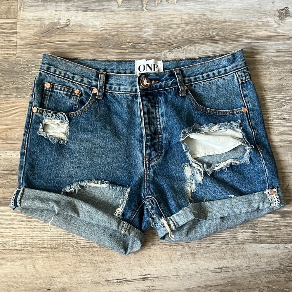 One Teaspoon Distressed Blue Denim Jean Shorts